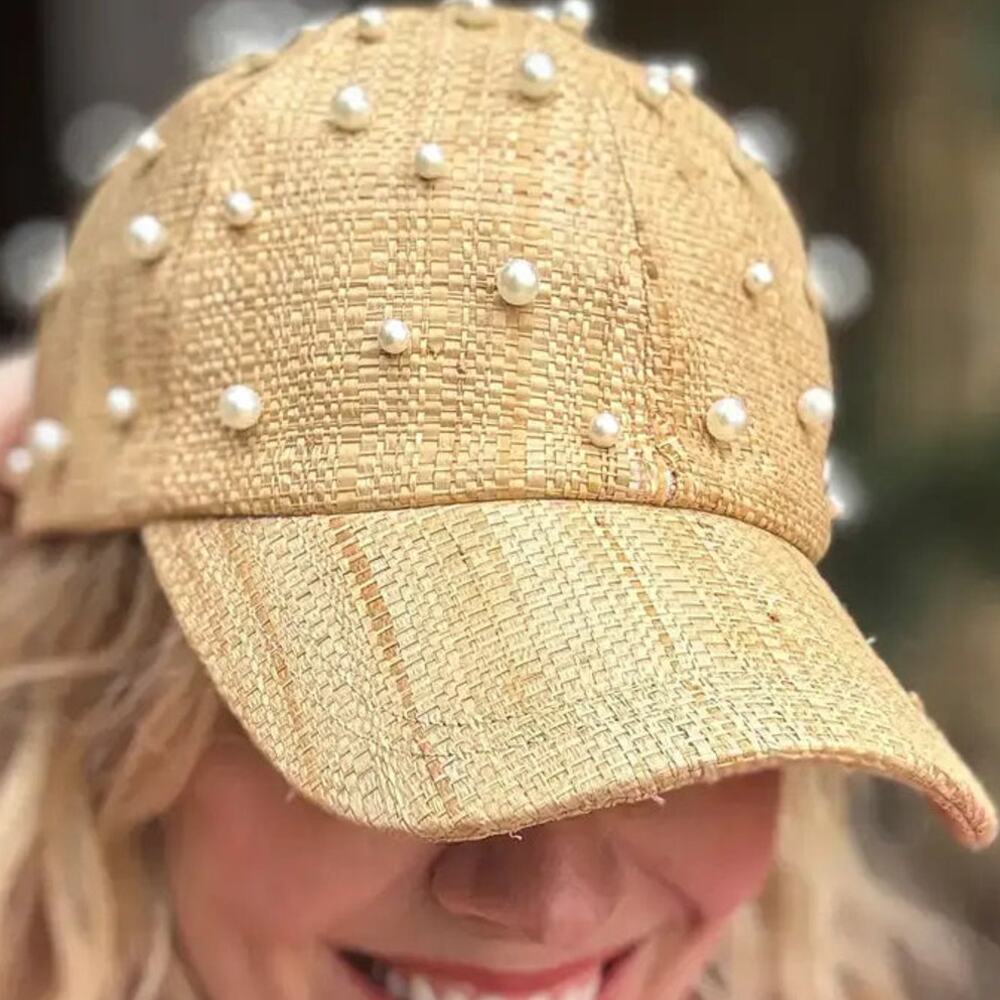 Clara Raffia Ball Cap with Pearl Accents